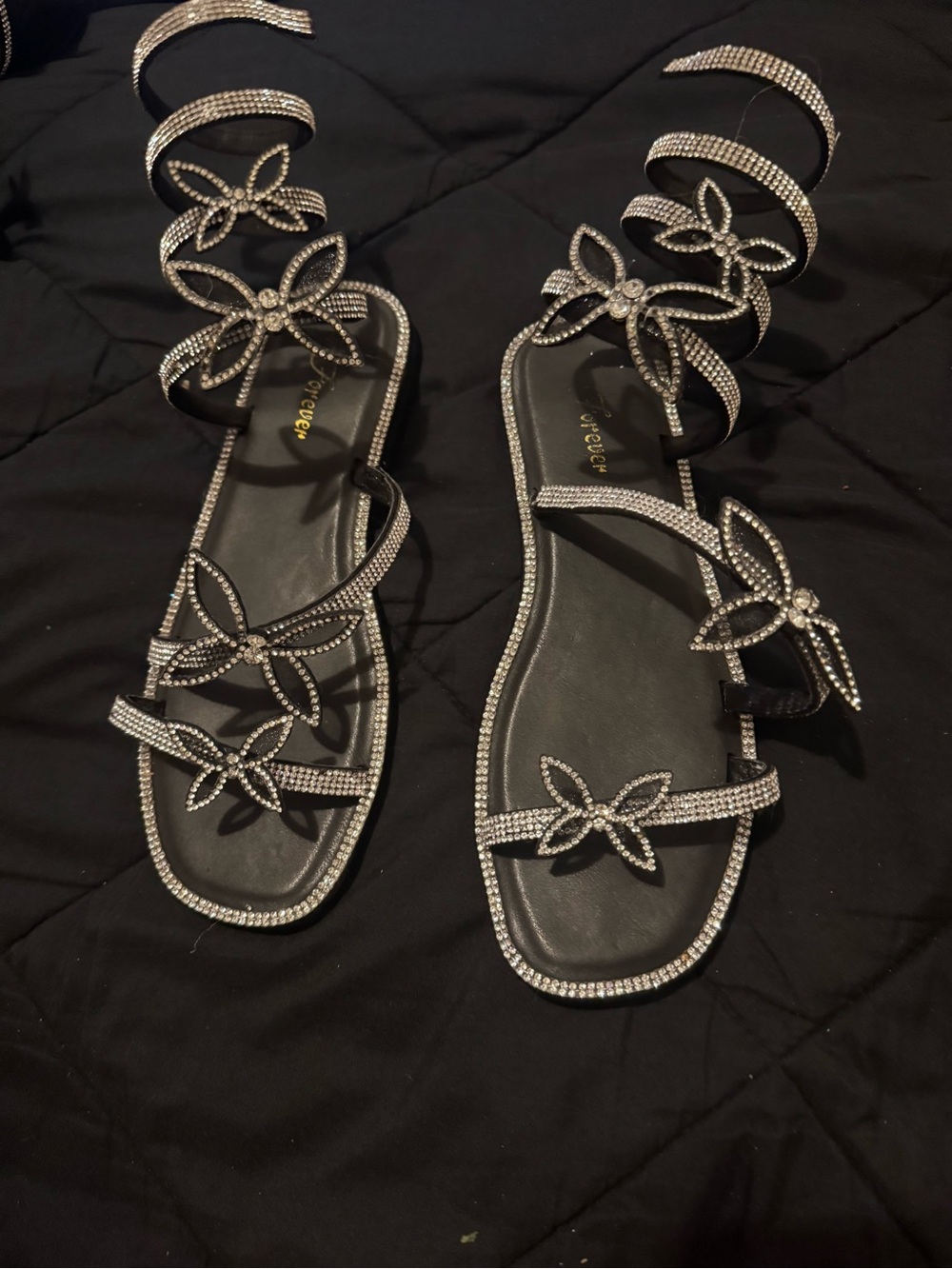 Crystal Spiral Tie Gladiator Sandals - Black
